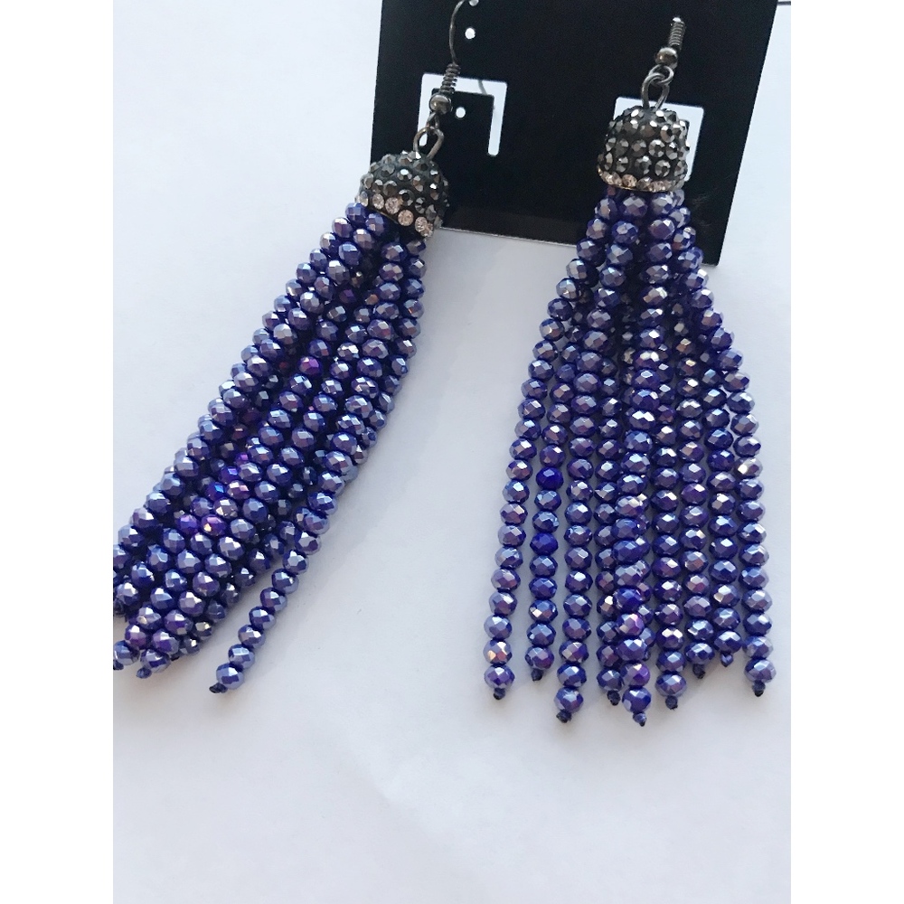 Blue Beaded Tassel Pendant Earrings
